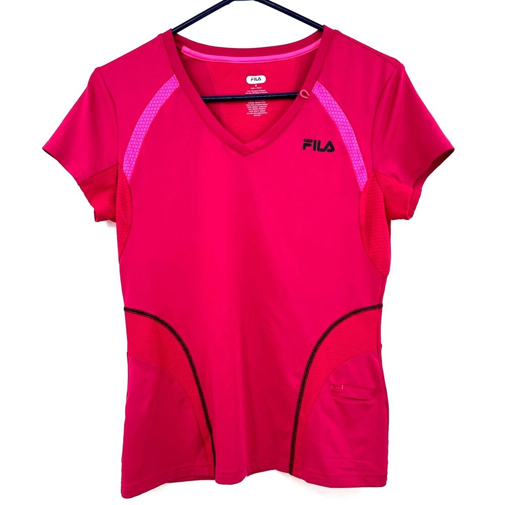 Fila Sport Size Medium Shirt Pink Fitted Key Pocket V Neck Activewear Gym